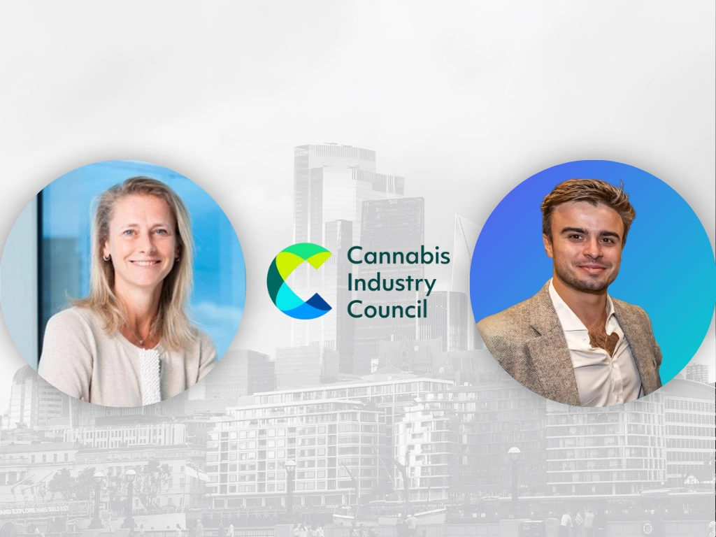 Frances Crewdson, Director of CannDo Consulting, on the left and Tom Gray, CEO of Lumino, on the right with the logo of Cannabis Industry Council in the middle. Faded background of London, UK skyline.
