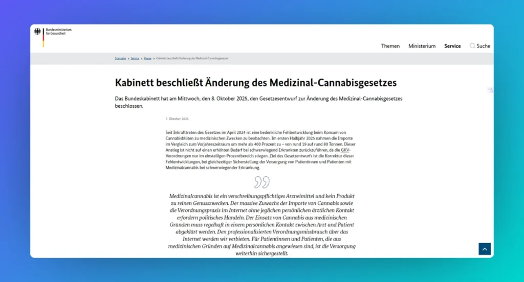 screenshot of the news release announcing that the German Federal Cabinet approved the BMG's proposed amendments to MedCanG, tightening the medical cannabis law