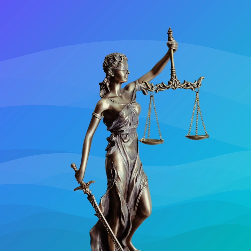 Lady Justice on a background of gradient blue to green