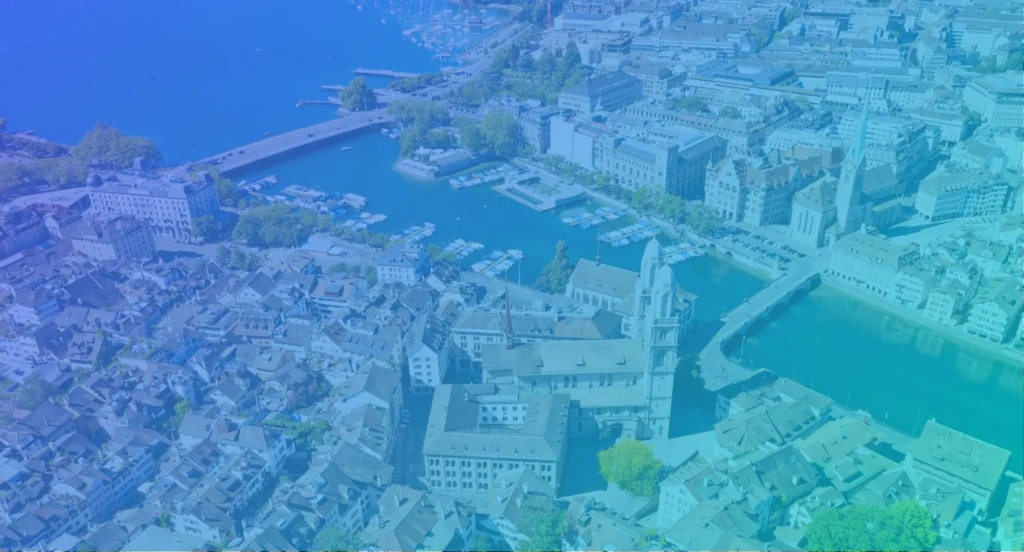 Zurich, Switzerland bird's-eye view with an overlay of Lumino's purple to green gradient