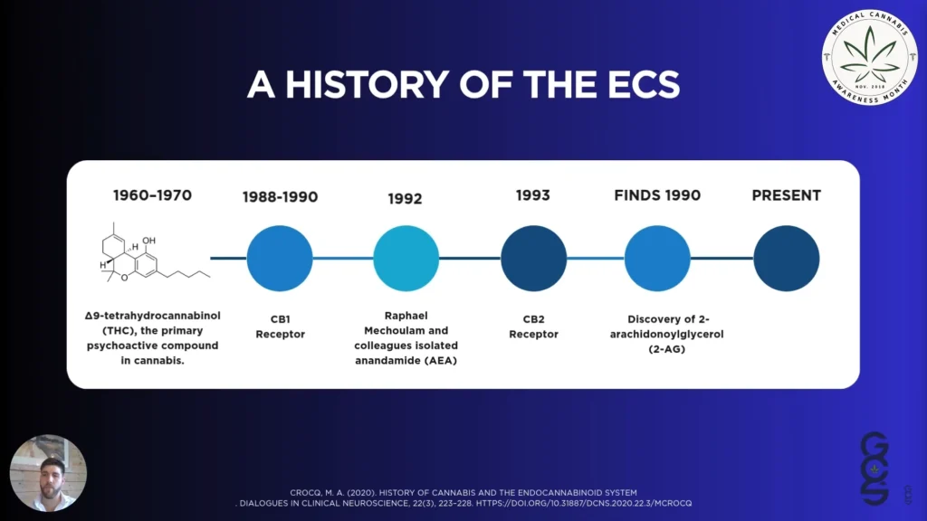 History of the discovery of the endocannabinoid system (ECS) from 1960 to present