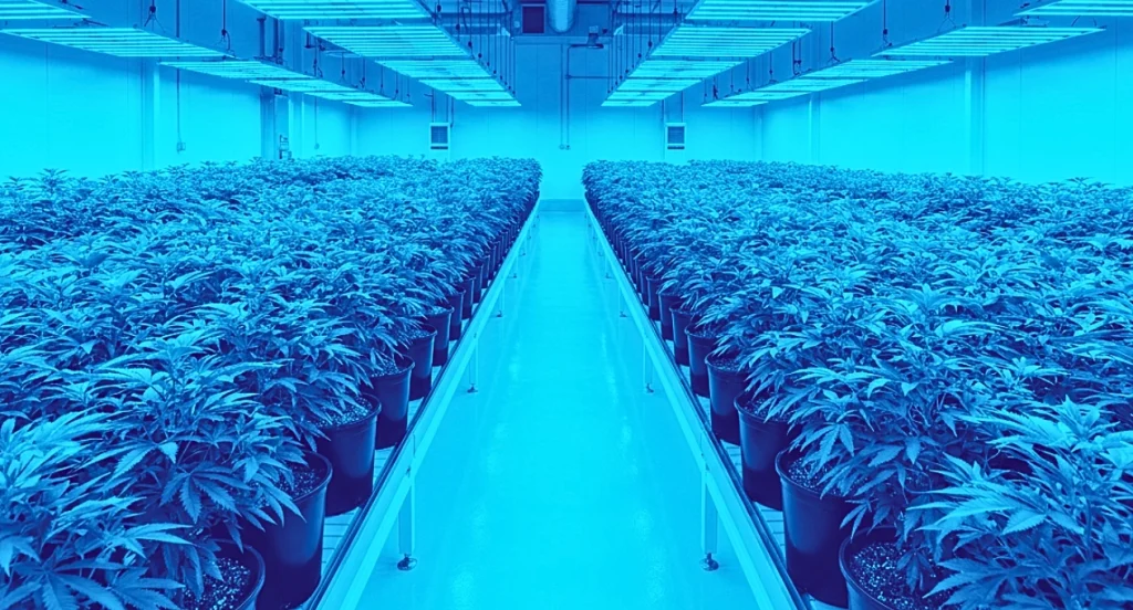 a cannabis grow room with cannabis plants in their vegetative state