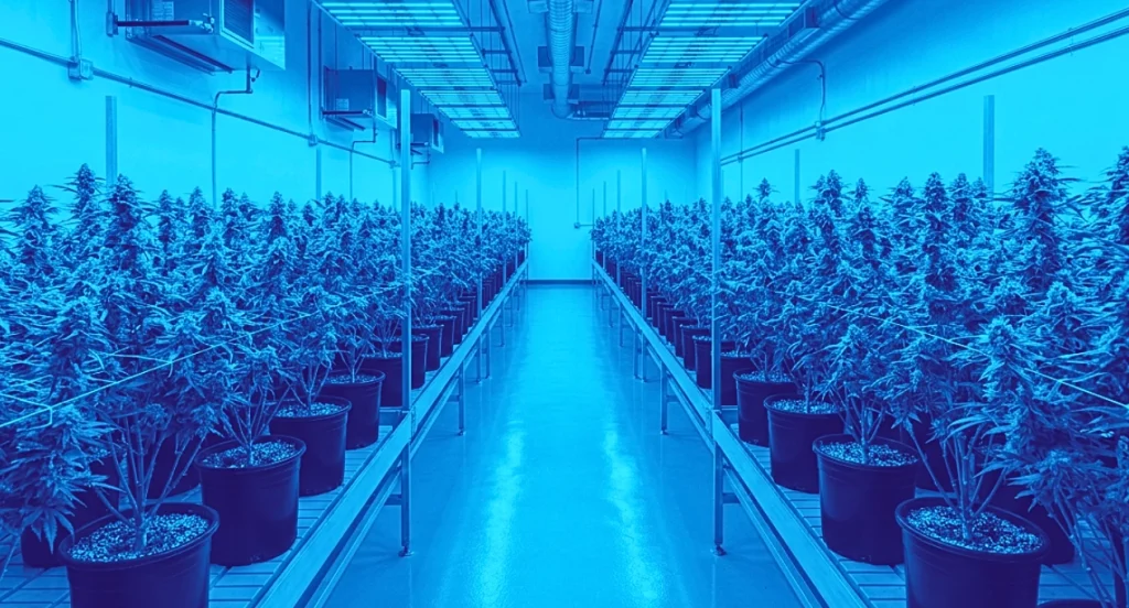 a cannabis grow room with cannabis plants in their flowering stage