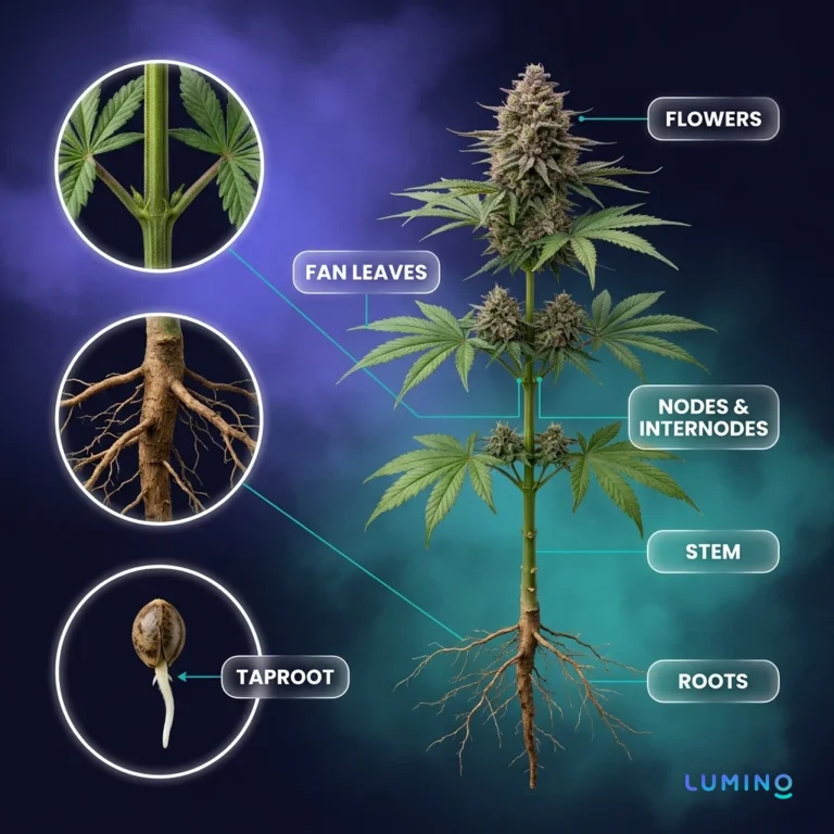 the general anatomy of a cannabis plant from root, stem, fan leaves, nodes and internodes to the flower