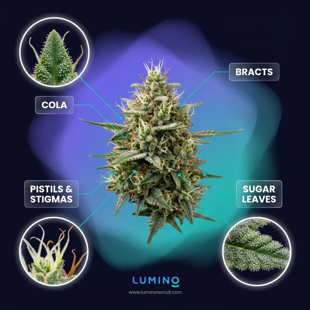 Female cannabis flower close up and labelled