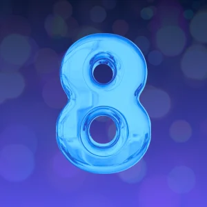 The number 8 over a purple background with circle pattern