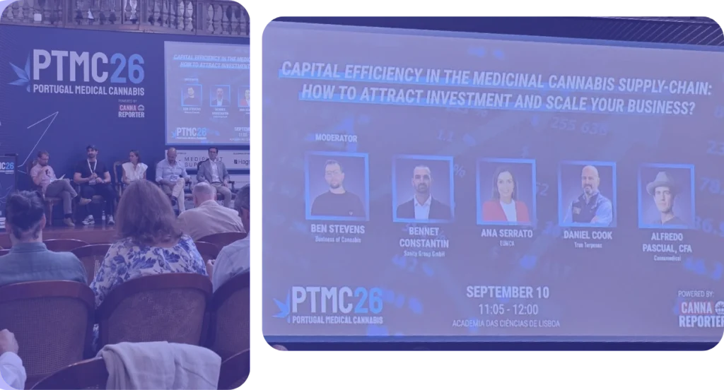 Capital Efficiency in the Medicinal Cannabis Supply-Chain - How to Attract Investment and Scale Your Business, a panel at PTMC 2026 featuring Ben Stevens of Business of Cannabis, Bennet Constantin of Sanity Group, Ana Serrato of EUMCA, Daniel Cook of True Terpenes, and Alfredo Pascual CFA of Cannamedical