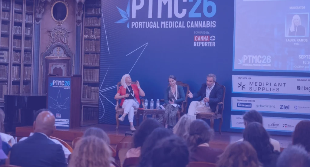 PTMC 2026 Infarmed panel featuring Laura Ramos (CannaReporter) as moderator, Dr Vasco Bettencourt (INFARMED) and Ana Rita Martins (INFARMED)