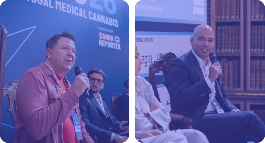 The Future of EU-GMP: Building the Next Generation of Cannabis Products and Operations held at PTMC (Portugal Medical Cannabis) 2026, with moderator Ricardo Baca (Grasslands) and panellist José Veracruz (Canna.biz)