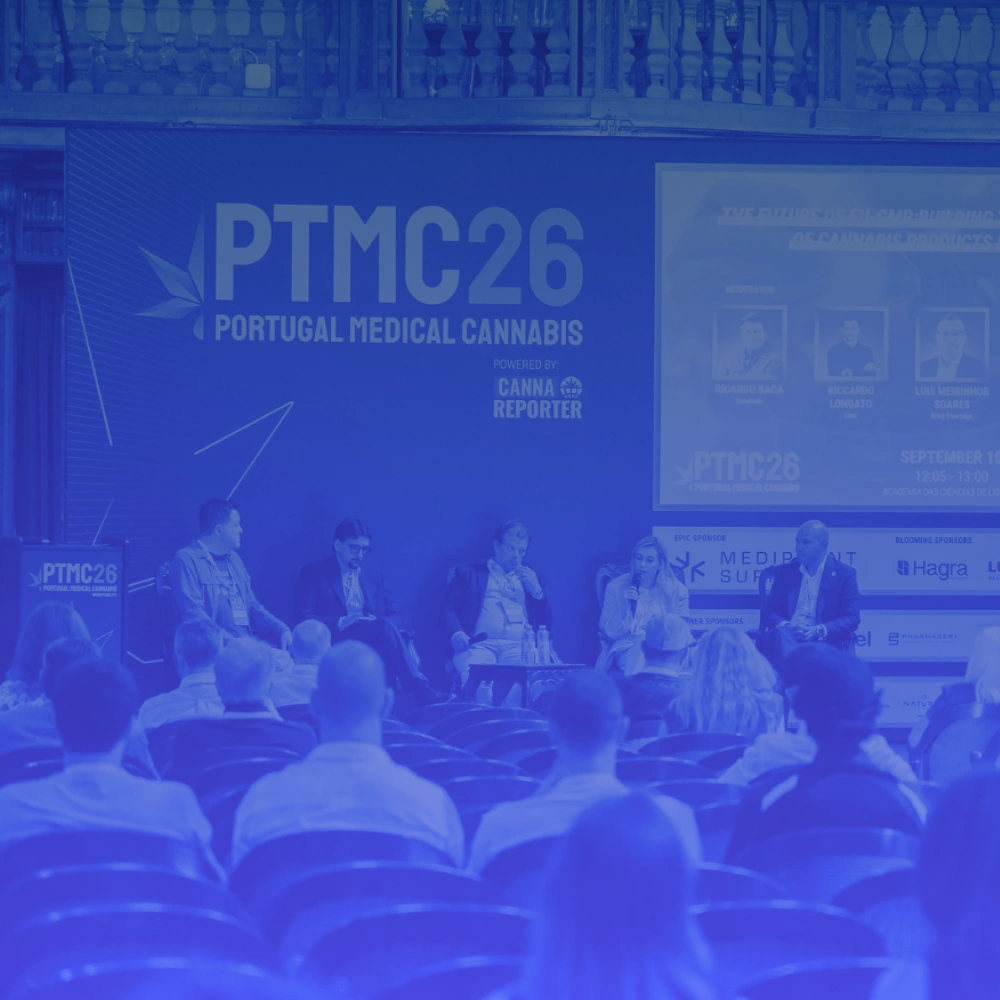 The Future of EU-GMP: Building the Next Generation of Cannabis Products and Operations held at PTMC (Portugal Medical Cannabis) 2026, moderated by Ricardo Baca (Grasslands) with panellists: Riccardo Longato (Clear), Luis Meirinhos Soares (Bring Knowledge), Maria Villota (Flextem Biopharma) and José Veracruz (Canna.biz)