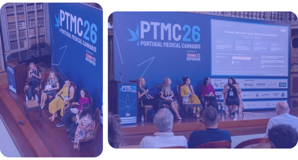 Women's Health and Wellness Economics in Medicinal Cannabis held at PTMC (Portugal Medical Cannabis) 2026, moderated by Heidi Whitman (EmpowHer Cannabis Society) with panellists: Sandra Carrillo (ASOMEDCCAM), Shabnam Sarshar (The Recalibration), Carola Pérez (We, The Patients) and Leah Fletcher (Dunbar Pharma)