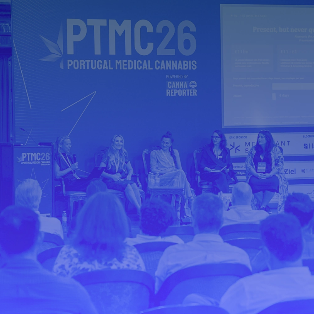 Women's Health and Wellness Economics in Medicinal Cannabis held at PTMC (Portugal Medical Cannabis) 2026, moderated by Heidi Whitman (EmpowHer Cannabis Society) with panellists: Sandra Carrillo (ASOMEDCCAM), Shabnam Sarshar (The Recalibration), Carola Pérez (We, The Patients) and Leah Fletcher (Dunbar Pharma)