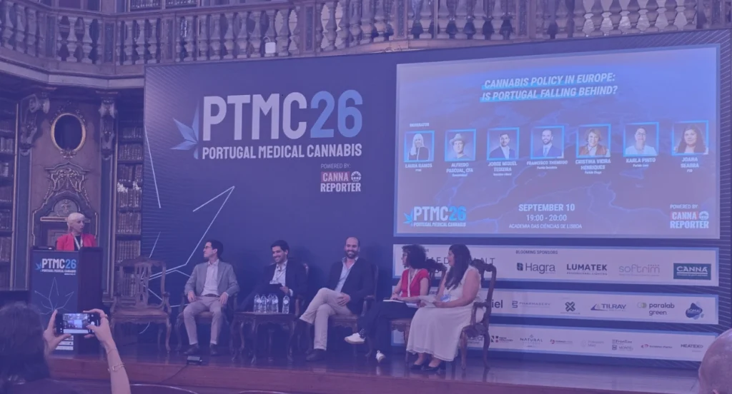 a cross-party panel at PTMC (Portugal Medical Cannabis) on 11 September 2026. Panellists: Jorge Miguel Teixeira MP (Iniciativa Liberal, IL), Francisco Themudo MP (Partido Socialista, PS), Joana Seabra MP (Partido Social Democrata, PSD), Karla Pinto (Partido LIVRE) and Alfredo Pascual, CFA (Cannamedical). Moderated by Laura Ramos, CannaReporter.