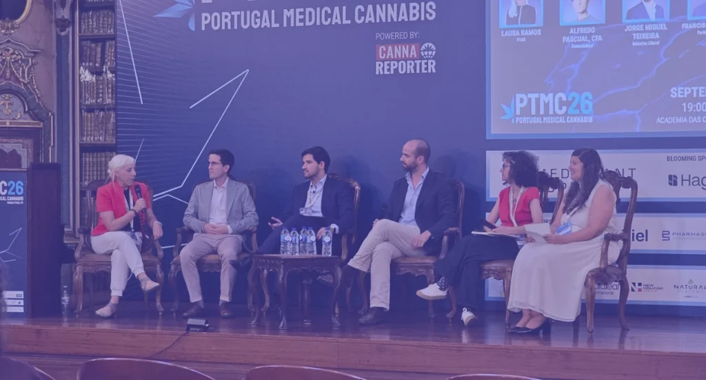 a cross-party panel at PTMC (Portugal Medical Cannabis) on 11 September 2026. Panellists: Jorge Miguel Teixeira MP (Iniciativa Liberal, IL), Francisco Themudo MP (Partido Socialista, PS), Joana Seabra MP (Partido Social Democrata, PSD), Karla Pinto (Partido LIVRE) and Alfredo Pascual, CFA (Cannamedical). Moderated by Laura Ramos, CannaReporter.
